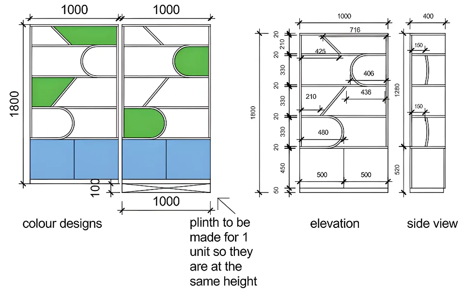 Bespoke bookcase, colour designs and elevation